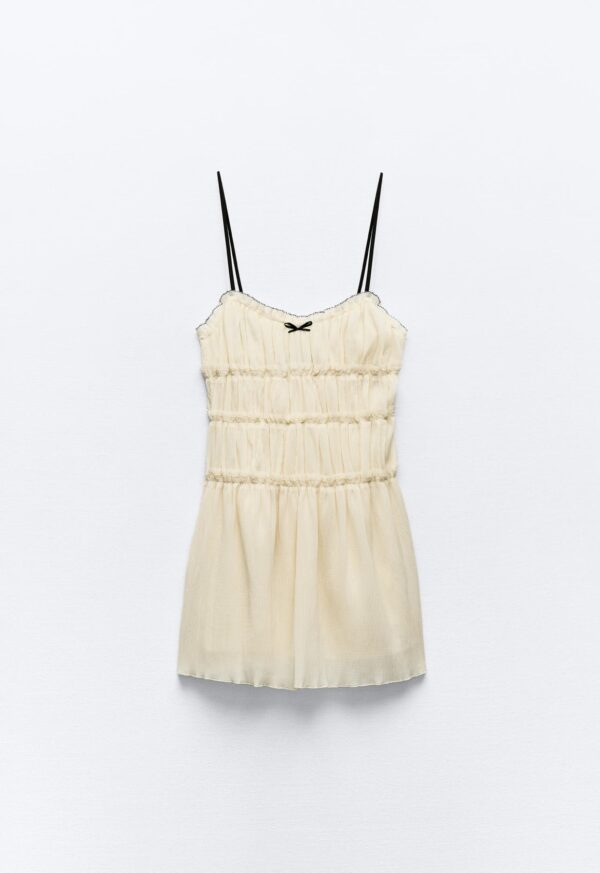 Vestido fruncido beige lazo Zara